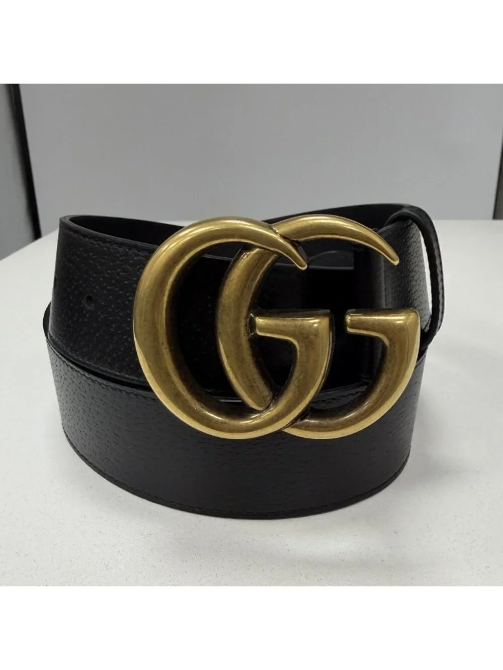 Gucci GG Marmont 1.5” Wide Textured Leather Belt 85/34 Black/Gold 406831 NEW
